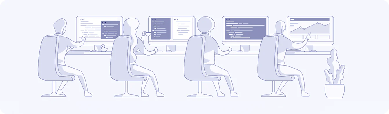 Illustration of developers working across connected screens