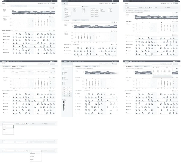 Grid of early Gitalytics interface explorations