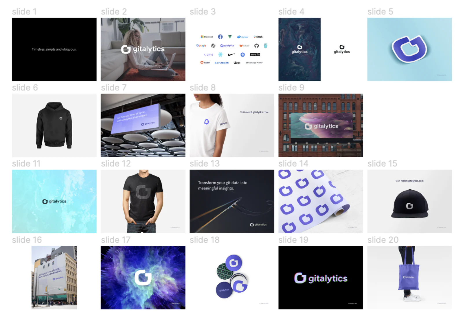 Gitalytics brand system across digital and physical applications