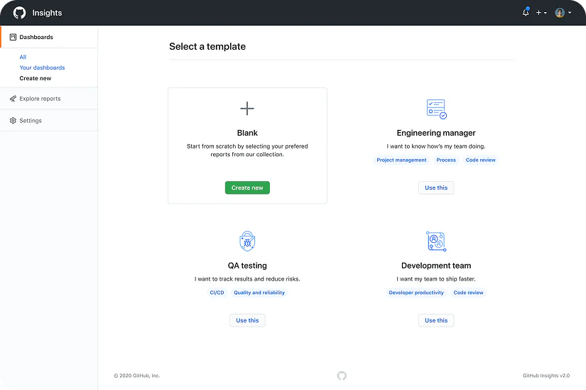 GitHub Insights dashboard template selector